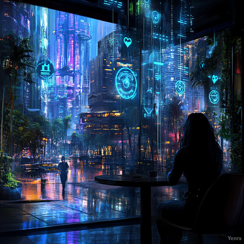 A futuristic cityscape with a couple enjoying the view from their high-rise apartment.