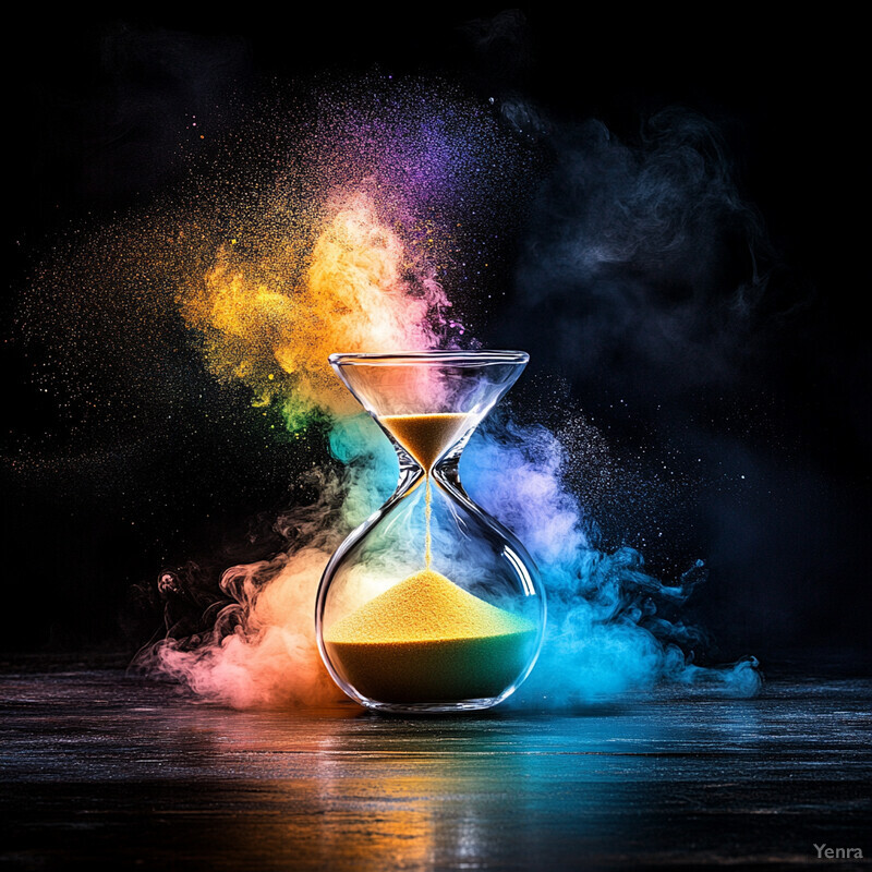 An hourglass with yellow sand sits on a reflective surface against a dark background, creating an atmosphere of serenity and timelessness.