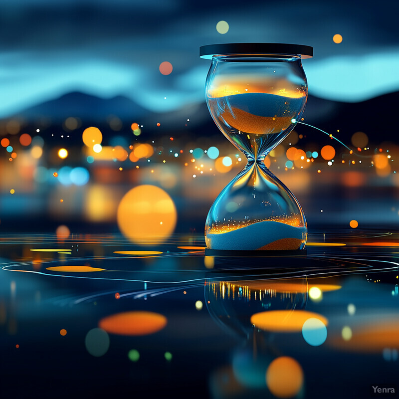 An hourglass with flowing sand is set against a backdrop of abstract shapes.