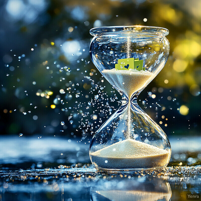 An hourglass sits on a reflective surface in an outdoor setting.