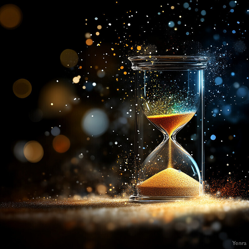 An hourglass with gold sand flowing through it, set against a dark background.