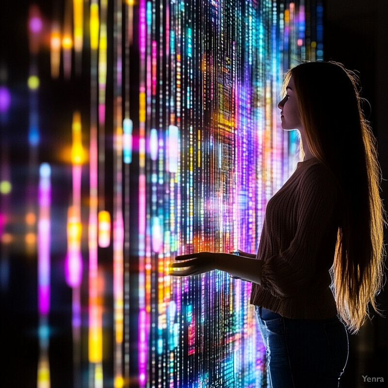 A woman stands in front of a wall covered with vertical lines of various colors, creating a vibrant and dynamic pattern.