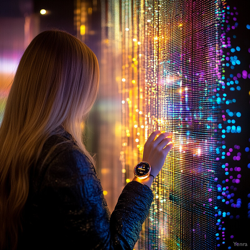 A woman stands in front of a wall covered in small, colorful lights.