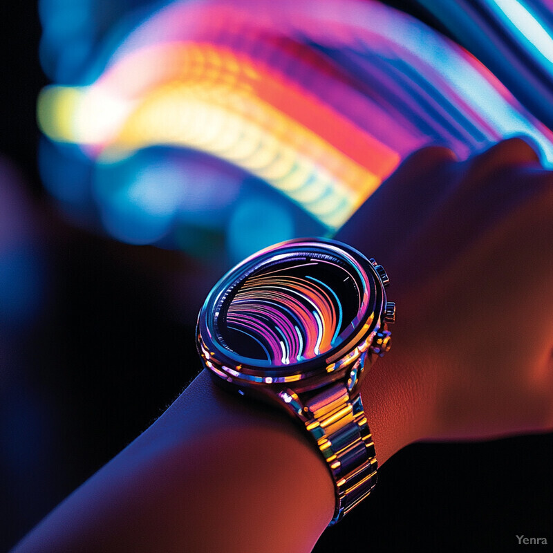 A silver watch with a unique design is worn on the wrist in an indoor setting.