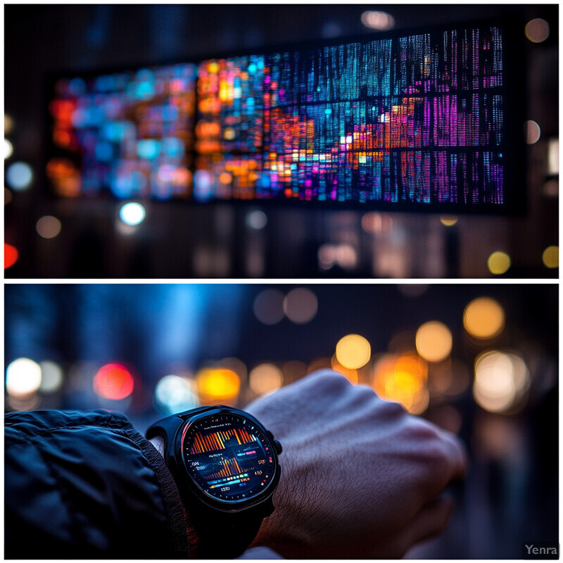 A person is wearing a smartwatch that displays various graphs and charts on its screen.