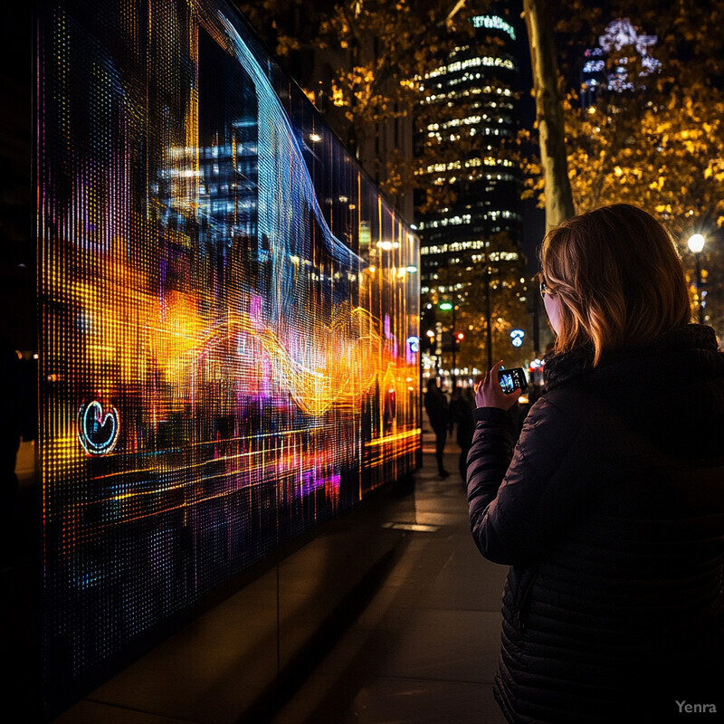 A woman stands on a city street at night, captivated by an animated digital display.