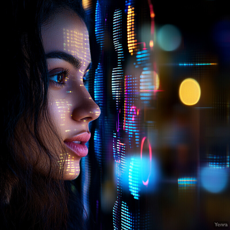 A woman with fair skin and long brown hair is gazing at a screen displaying data visualizations in an office or conference room setting.