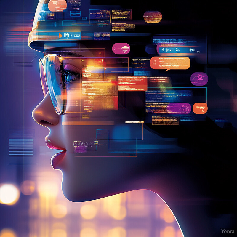 A futuristic image of a woman's face surrounded by various shapes and symbols, set against a blurred cityscape at night.