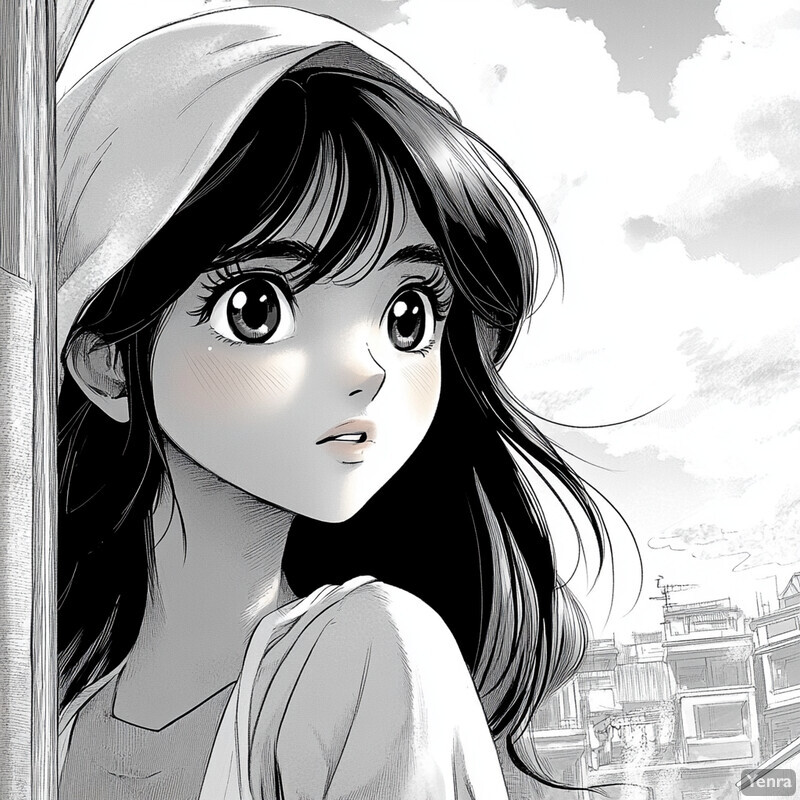 A young girl with long hair and bangs stands in front of a building or structure, lost in thought.