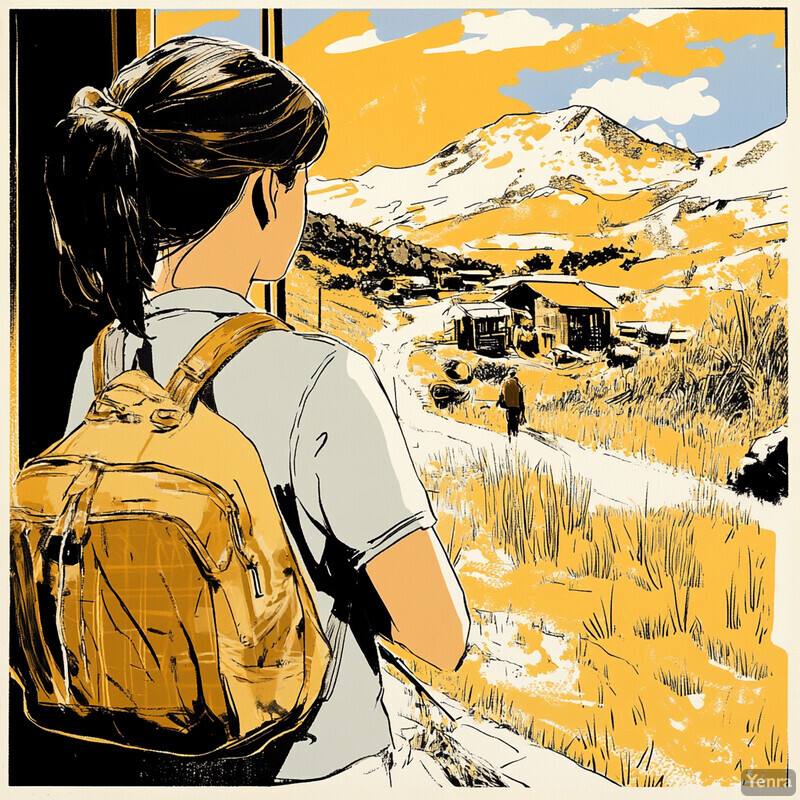 A young girl gazes out at a peaceful landscape of hills and mountains.