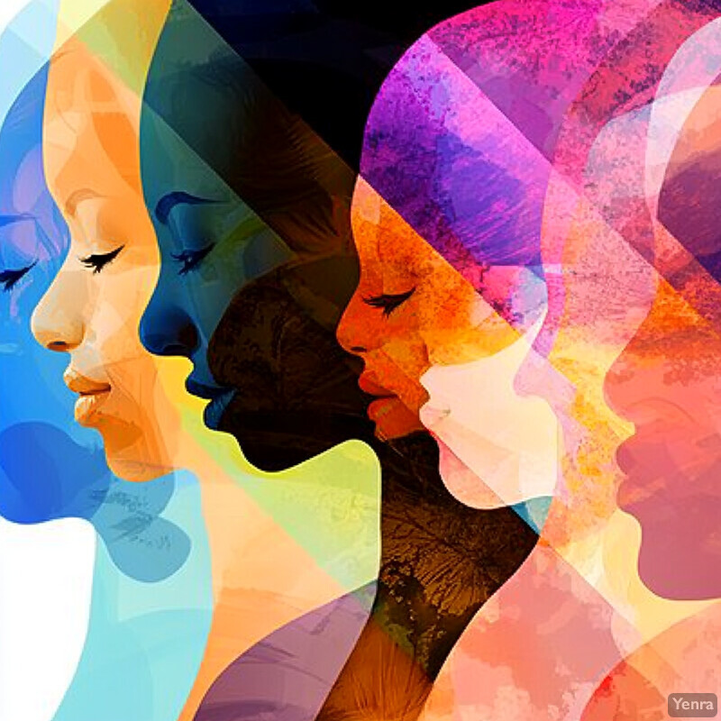 A digital artwork featuring four women's faces in profile, each with distinct skin tones and hairstyles.