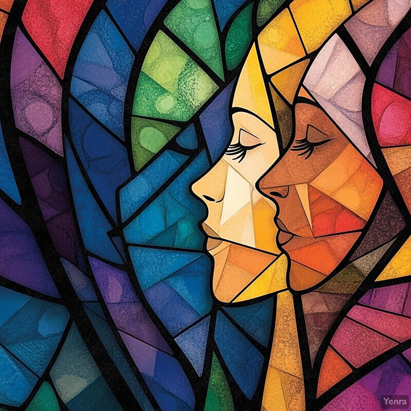 A vibrant mosaic artwork featuring two stylized faces, conveying a sense of unity and harmony.