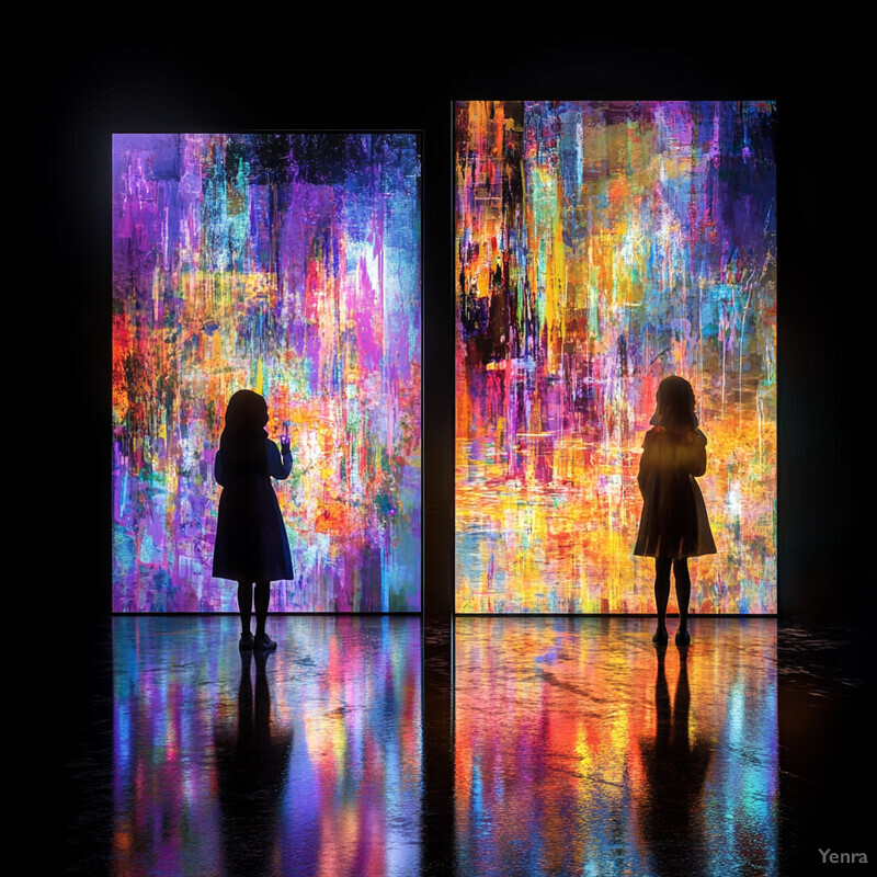 Two women stand in front of large screens displaying abstract art at an art museum or gallery.