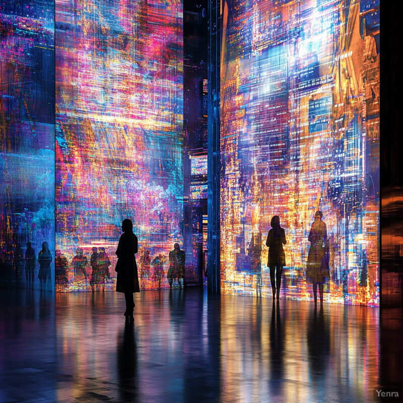 A large room with tall walls covered in vibrant digital art, featuring a mix of blue, red, and yellow hues.