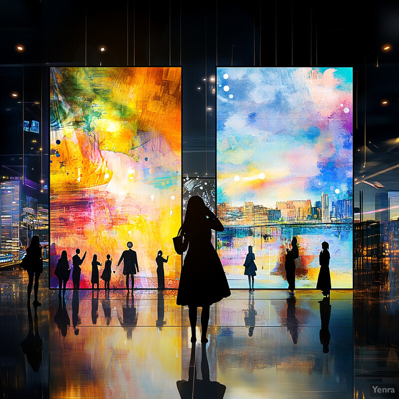 A group of people gathered in an art gallery or exhibition space, admiring large and colorful canvases.