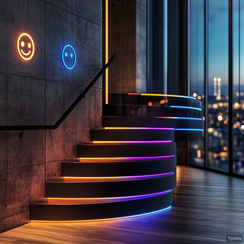 A modern staircase with neon lights and a playful ambiance, situated in a room with large windows offering a city view.