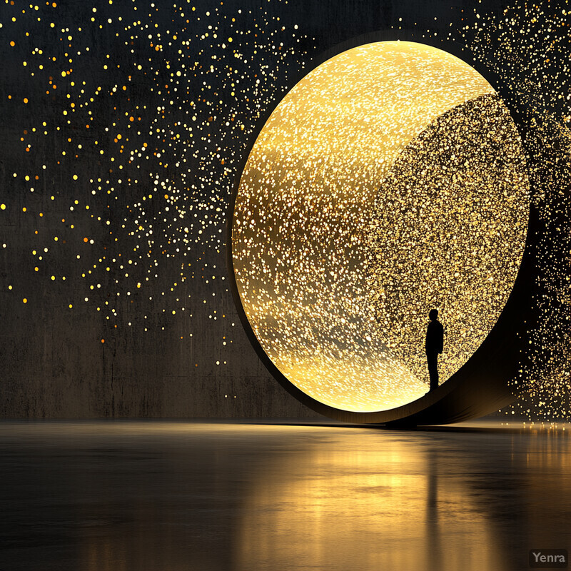 An abstract art piece featuring a large circle made of gold dots surrounded by black space and a silhouette of a person in front.