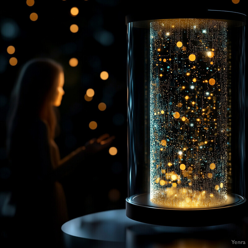 A woman gazes at a cylindrical glass container filled with suspended particles, creating an emotive and mesmerizing visual experience.