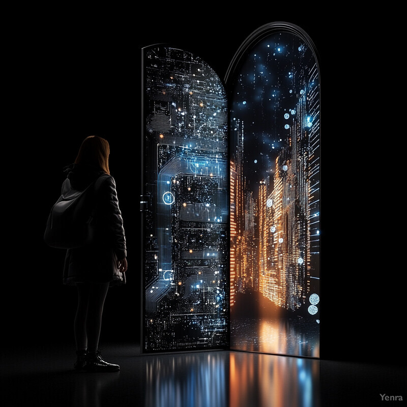 A woman stands in front of two large screens displaying futuristic cityscapes, surrounded by a sense of wonder and curiosity.