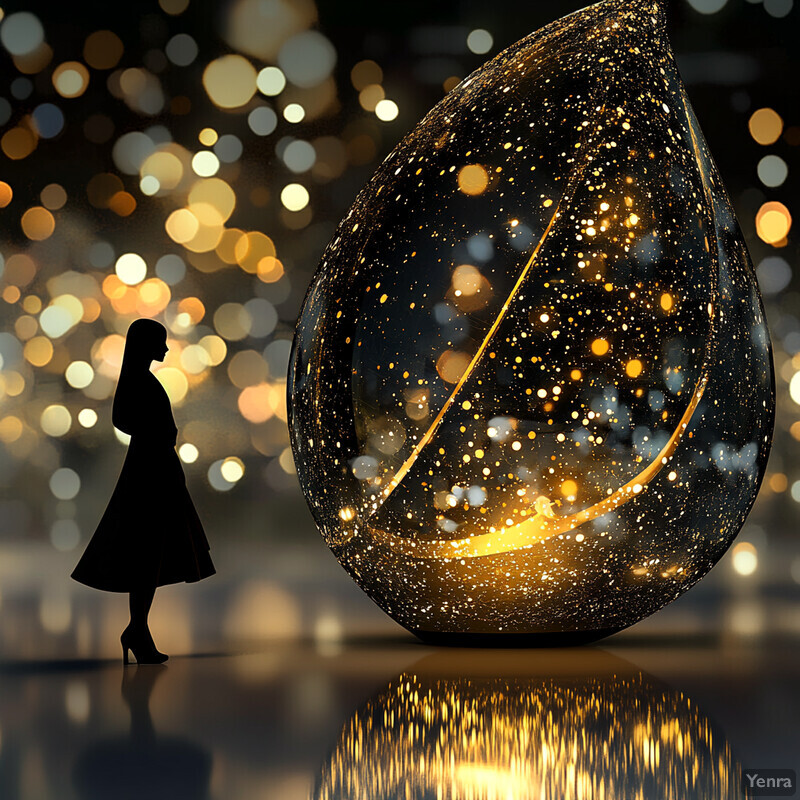 A woman stands in front of a large, teardrop-shaped object with a gold-speckled surface, admiring its beauty.