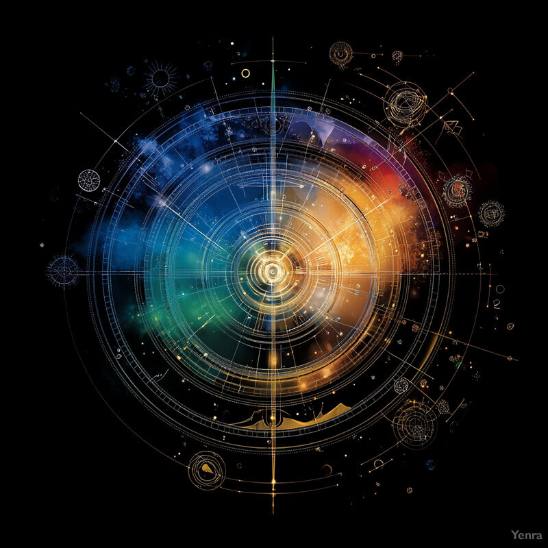 A vibrant and dynamic representation of an astrological chart, featuring a central circle surrounded by smaller circles connected by web-like lines.