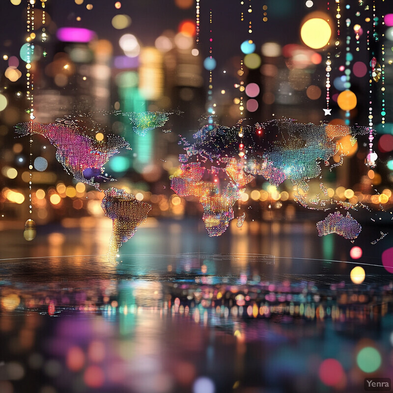 A stylized map of the world is superimposed over a blurred cityscape, creating a visually striking and dreamy effect.