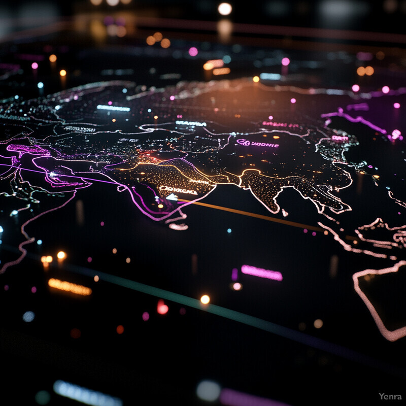 A digital map with various lines and symbols representing different connections and relationships.