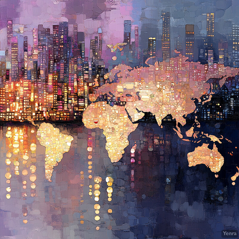 A cityscape at night with a world map superimposed over it.