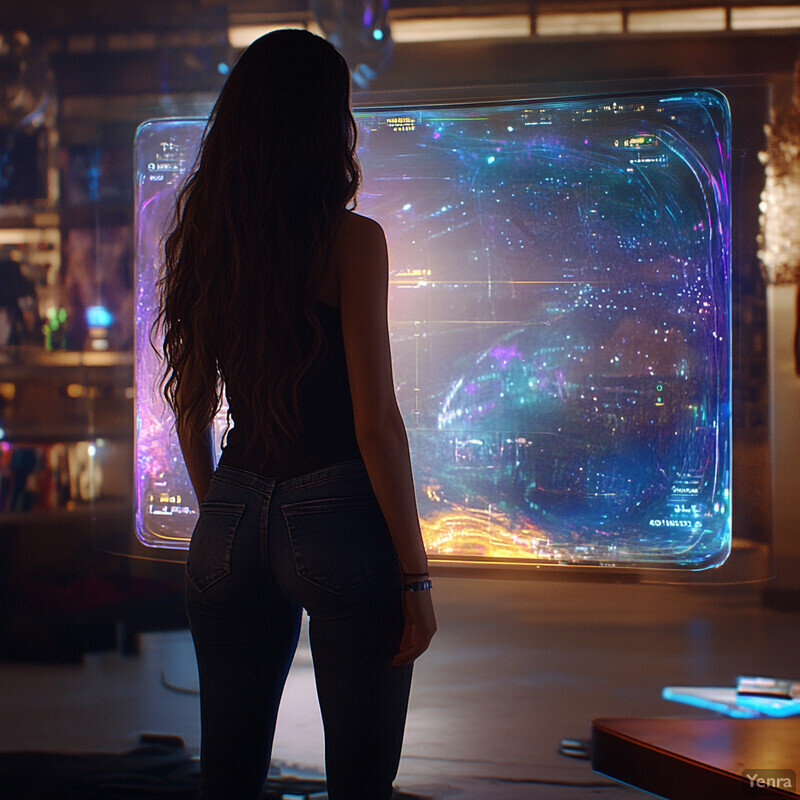 A woman stands in front of a large screen displaying a galaxy-like pattern, exuding an atmosphere of calmness and contemplation.