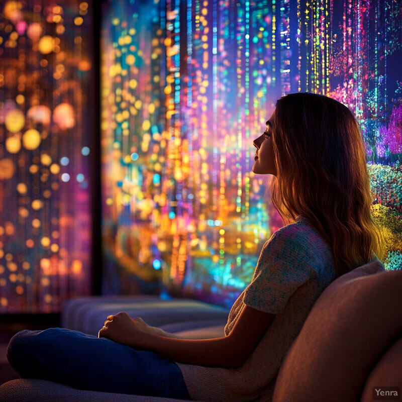 A woman sits on a couch, gazing at a vibrant screen displaying an array of colors and patterns.