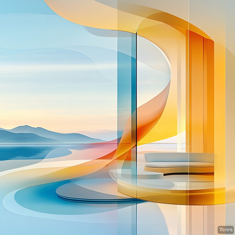 An abstract artwork featuring curved lines and shapes in blue and orange hues, set against a serene landscape of mountains and water under a light blue sky.