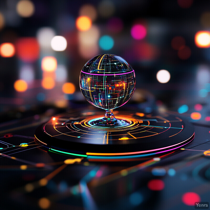 A close-up view of a glass orb with a globe inside, suspended from an invisible string and rotating slowly. The orb has a black background and is surrounded by a purple ring, while the globe displays a grid pattern of thin blue lines.