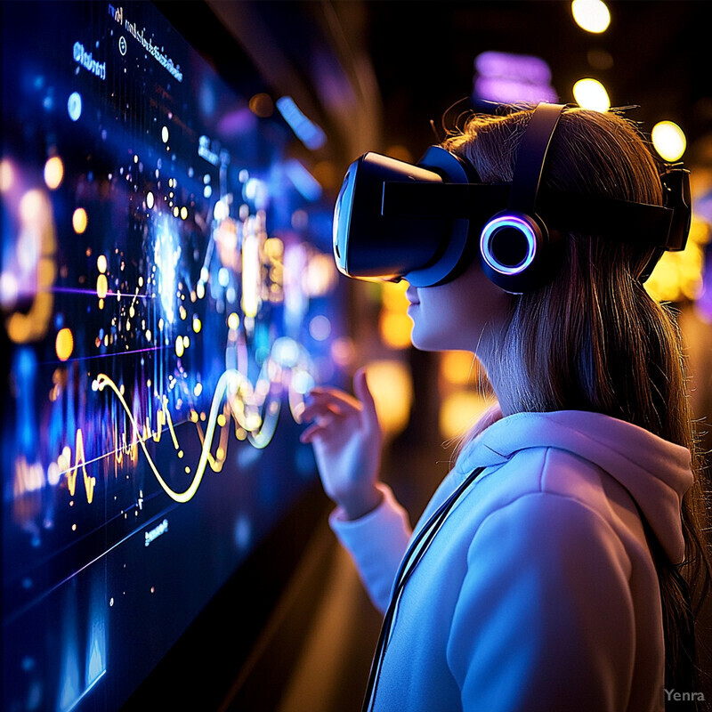 A woman wearing VR goggles and headphones is intently looking at a large screen displaying graphs and charts.