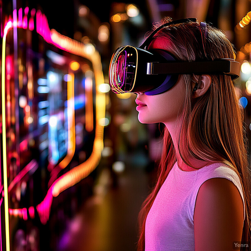 A young woman wearing virtual reality goggles stands in front of a neon-lit wall, surrounded by a blurred cityscape.