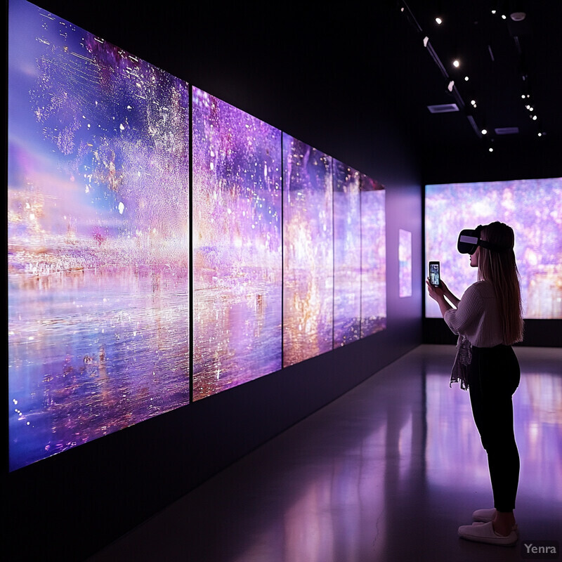 A woman explores an immersive art installation or virtual reality experience.