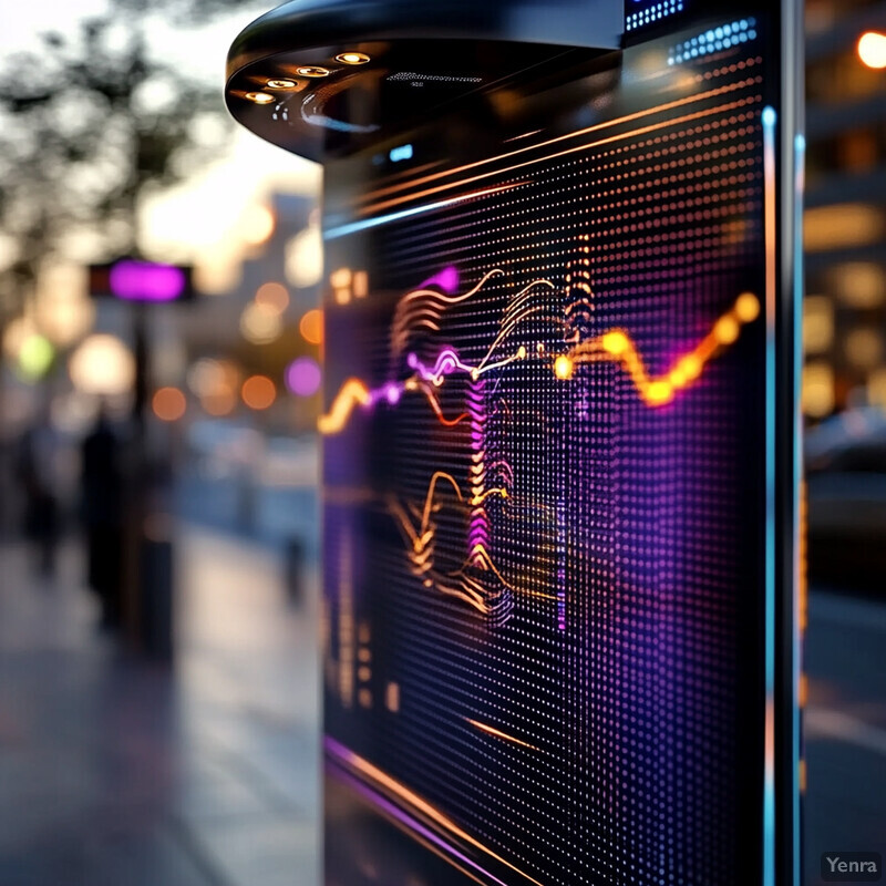 A futuristic display with a large screen and sleek design in an outdoor setting.