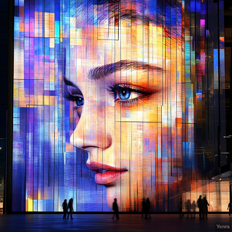 A large mural on a building exterior featuring a woman's face with blue eyes and brown eyebrows.