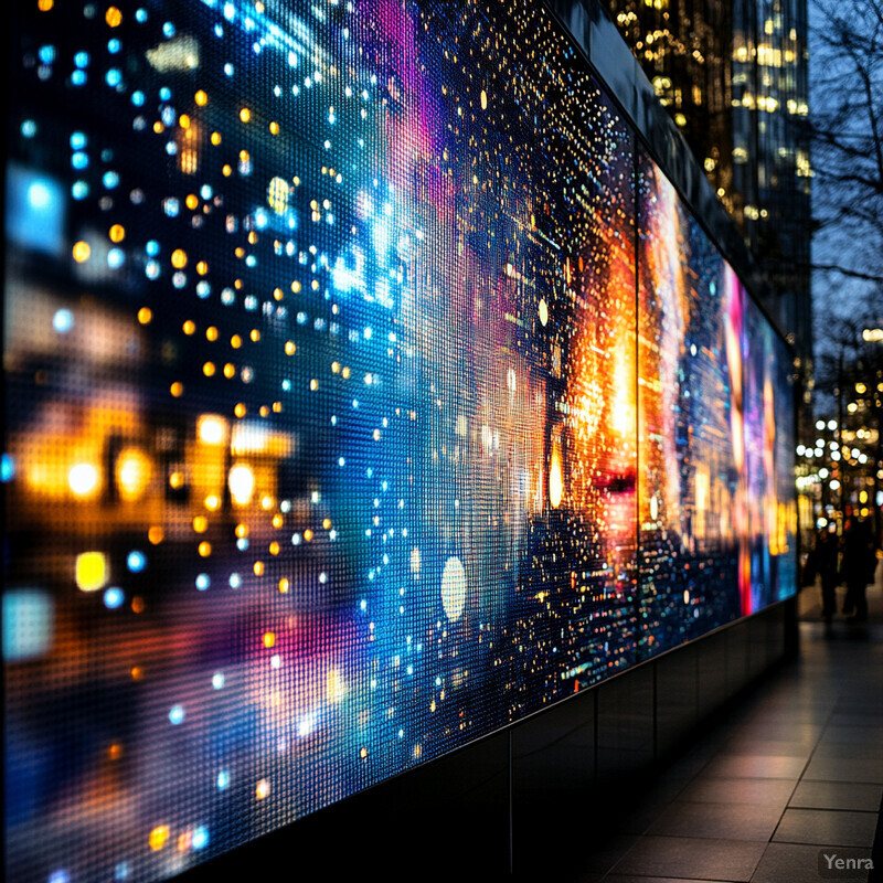 A large screen displays an abstract pattern of lights and colors in an urban setting at night.