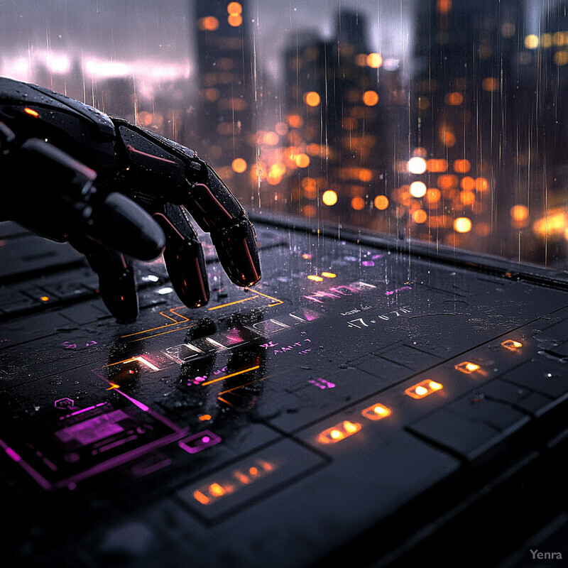 A futuristic scene with a robotic hand hovering over a holographic display of circuitry and wires, set against a cityscape backdrop.