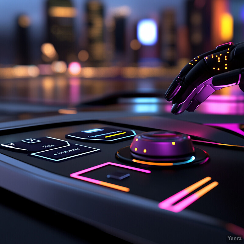 A futuristic control panel with a robotic arm reaching out to interact with it.