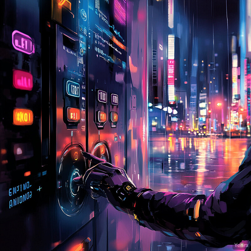 A futuristic cityscape at night, with neon lights illuminating the dark sky.