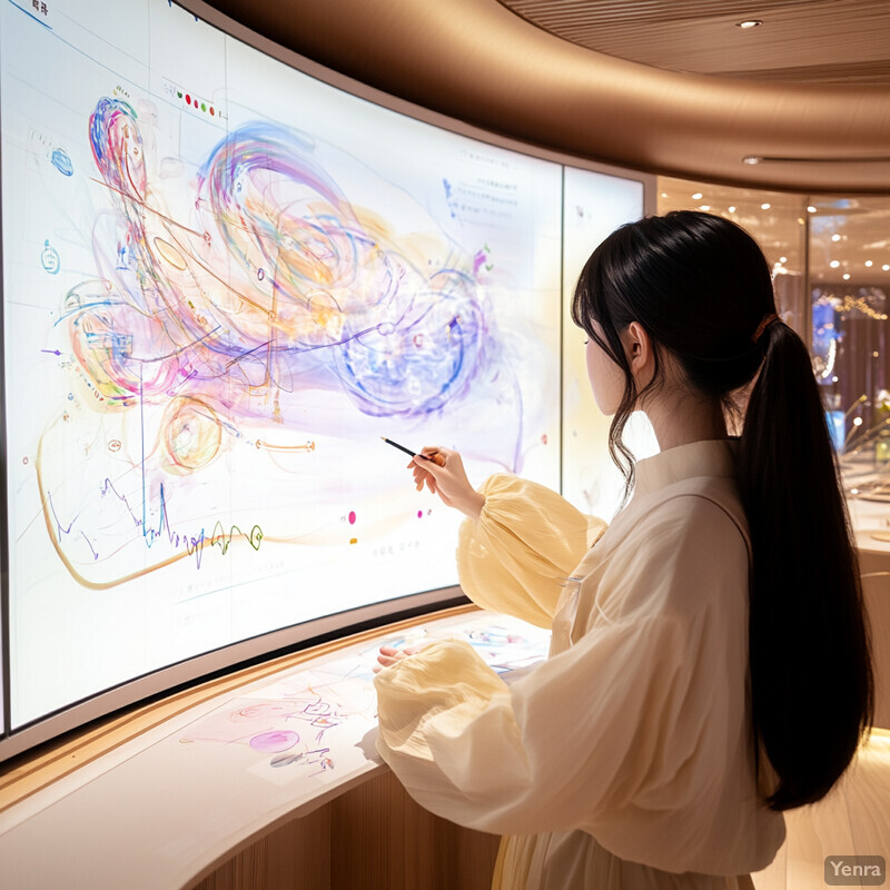 A woman stands in front of a large screen, engaged with a digital drawing tool.