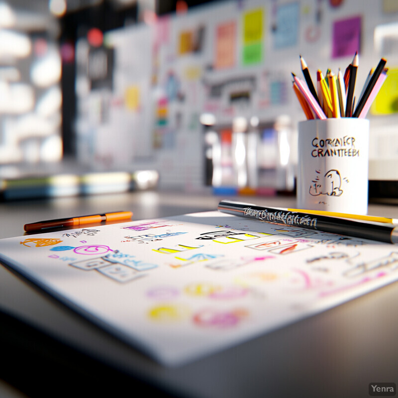 An artist's workspace with colored pencils and markers scattered across a desk.