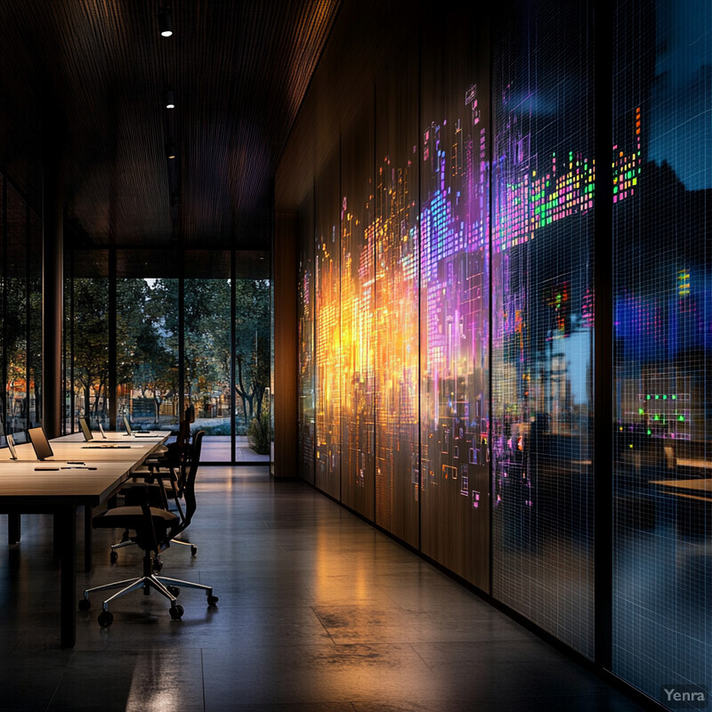 A modern office space with a large conference table and chairs, featuring a vibrant digital display on the wall and surrounded by natural elements.