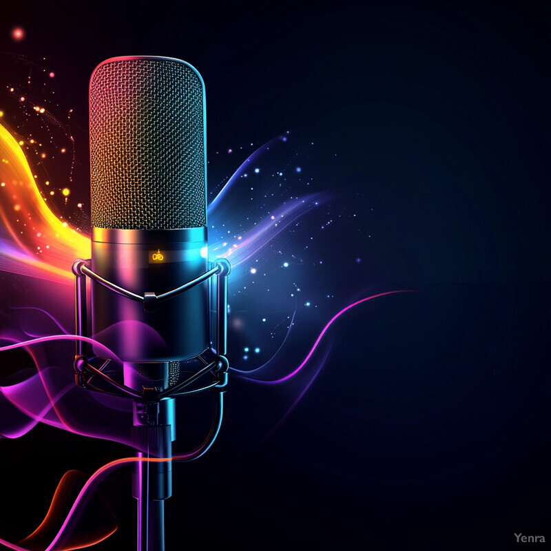 A futuristic microphone is showcased in front of a dark background, surrounded by vibrant neon lights that add to its aesthetic appeal.