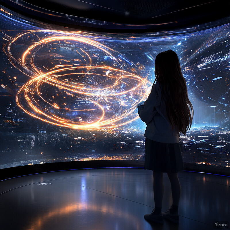 A young girl interacts with a large, curved screen displaying a vibrant, swirling pattern of orange and blue lights.