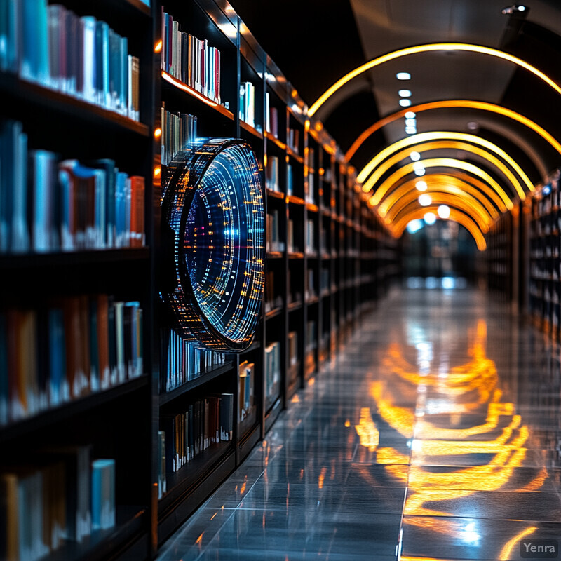 An image of a library with rows of bookshelves and a large screen displaying a futuristic interface.