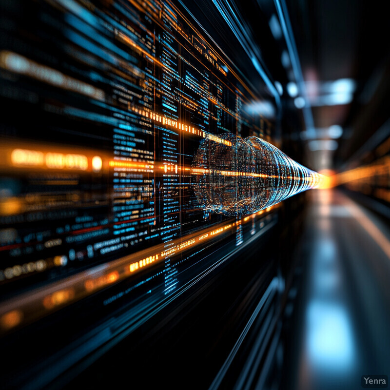 A futuristic representation of data transmission, with a tunnel-like structure and various screens displaying different types of data.