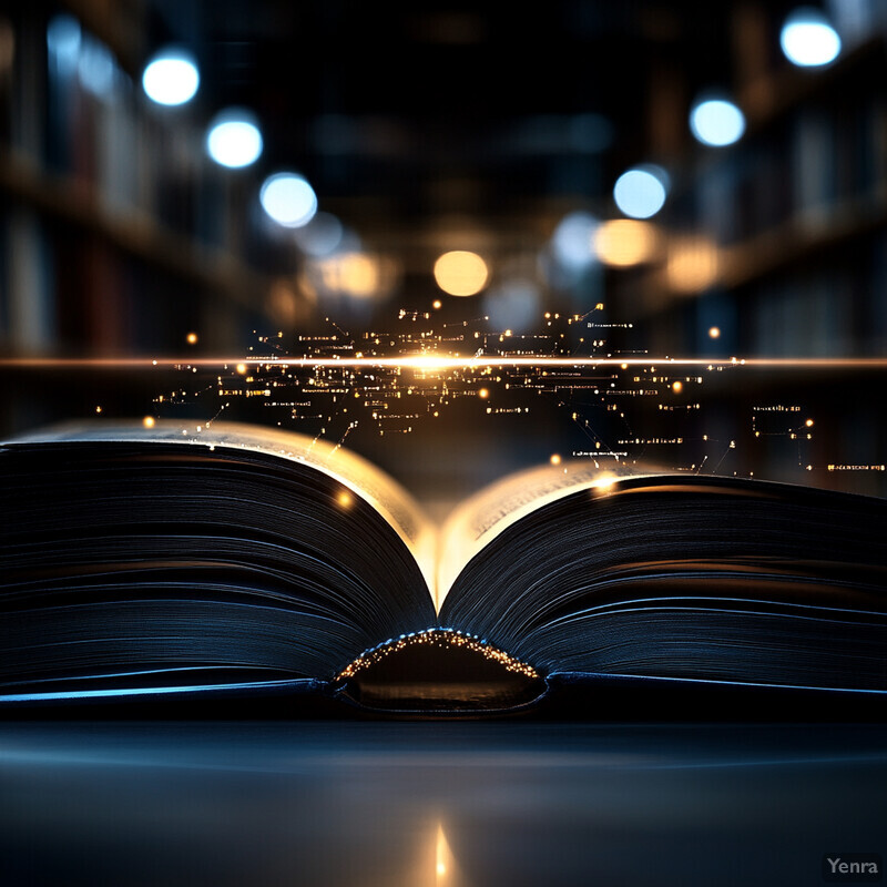 An open book with a yellow glow on its pages is placed on a flat surface in a room.