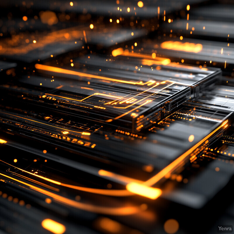 A futuristic and high-tech visual representation of a computer motherboard or circuit board, showcasing its intricate components and glowing orange lights.